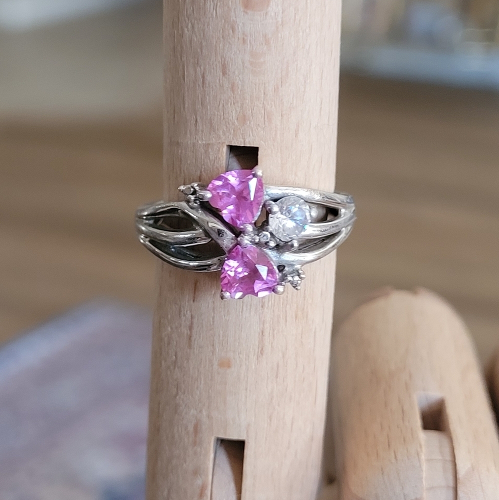Vintage Heart Pink and White Zirconia Sterling Silver Ring